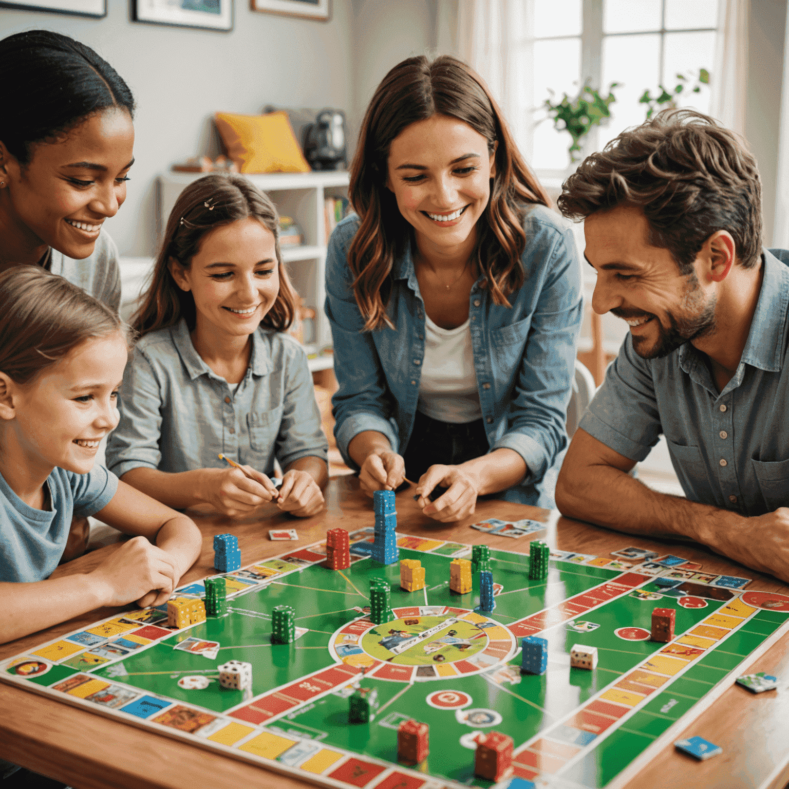 Una variedad de juegos de mesa coloridos dispuestos en una mesa con una familia sonriente jugando en el fondo