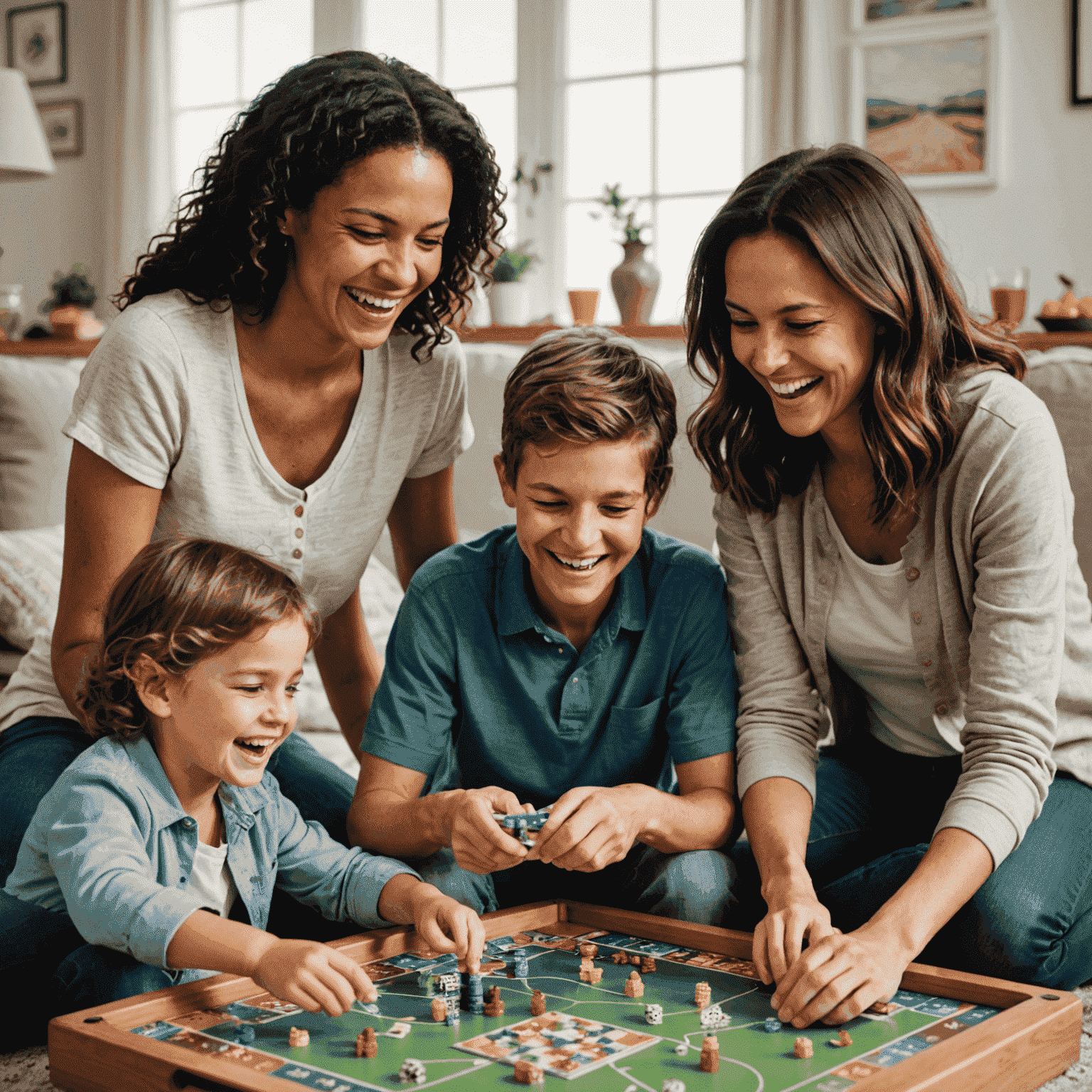 Una familia feliz jugando juegos de mesa en la sala de estar, con risas y diversión evidente en sus rostros