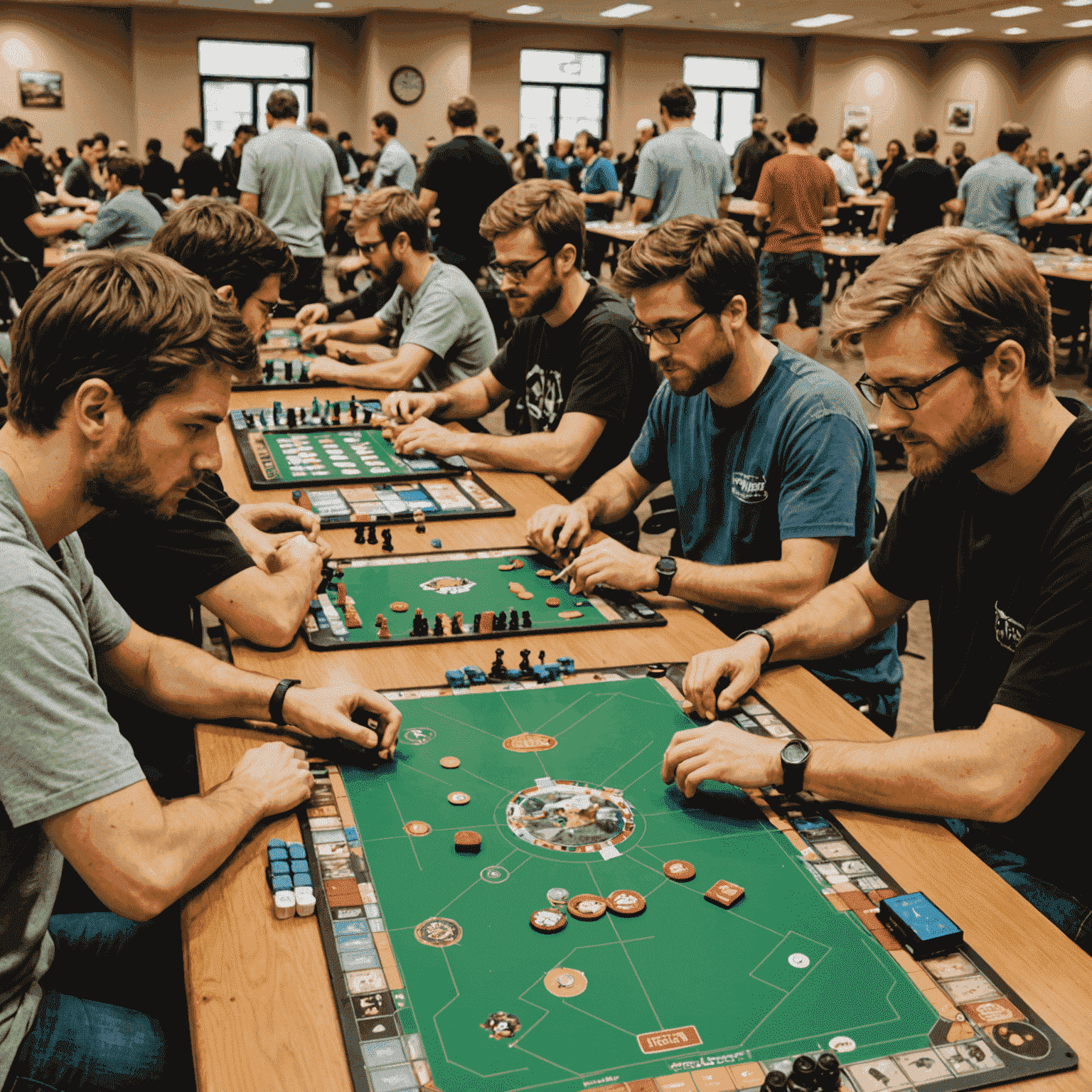 Imagen de un torneo de juegos de mesa en acción, con participantes jugando en múltiples mesas y un organizador supervisando el evento