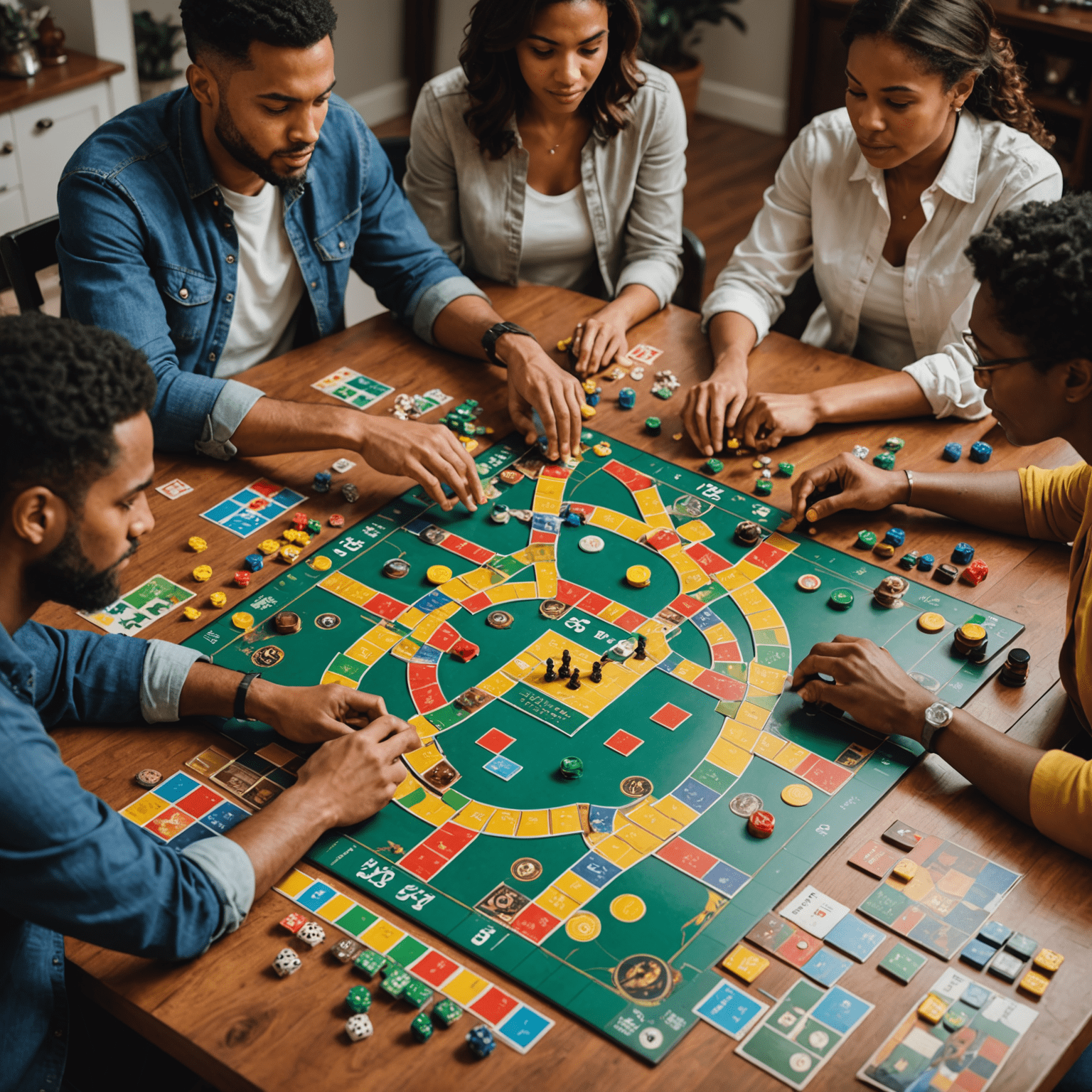 Grupo diverso de personas jugando un juego de mesa estratégico complejo, con piezas coloridas y un tablero elaborado