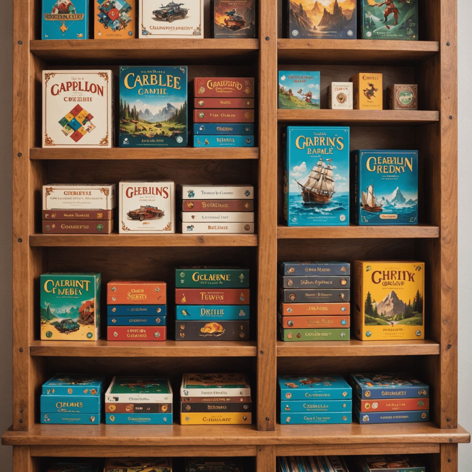 Varios juegos de mesa bien organizados y cuidados en una estantería de madera, mostrando diferentes tamaños y tipos de cajas