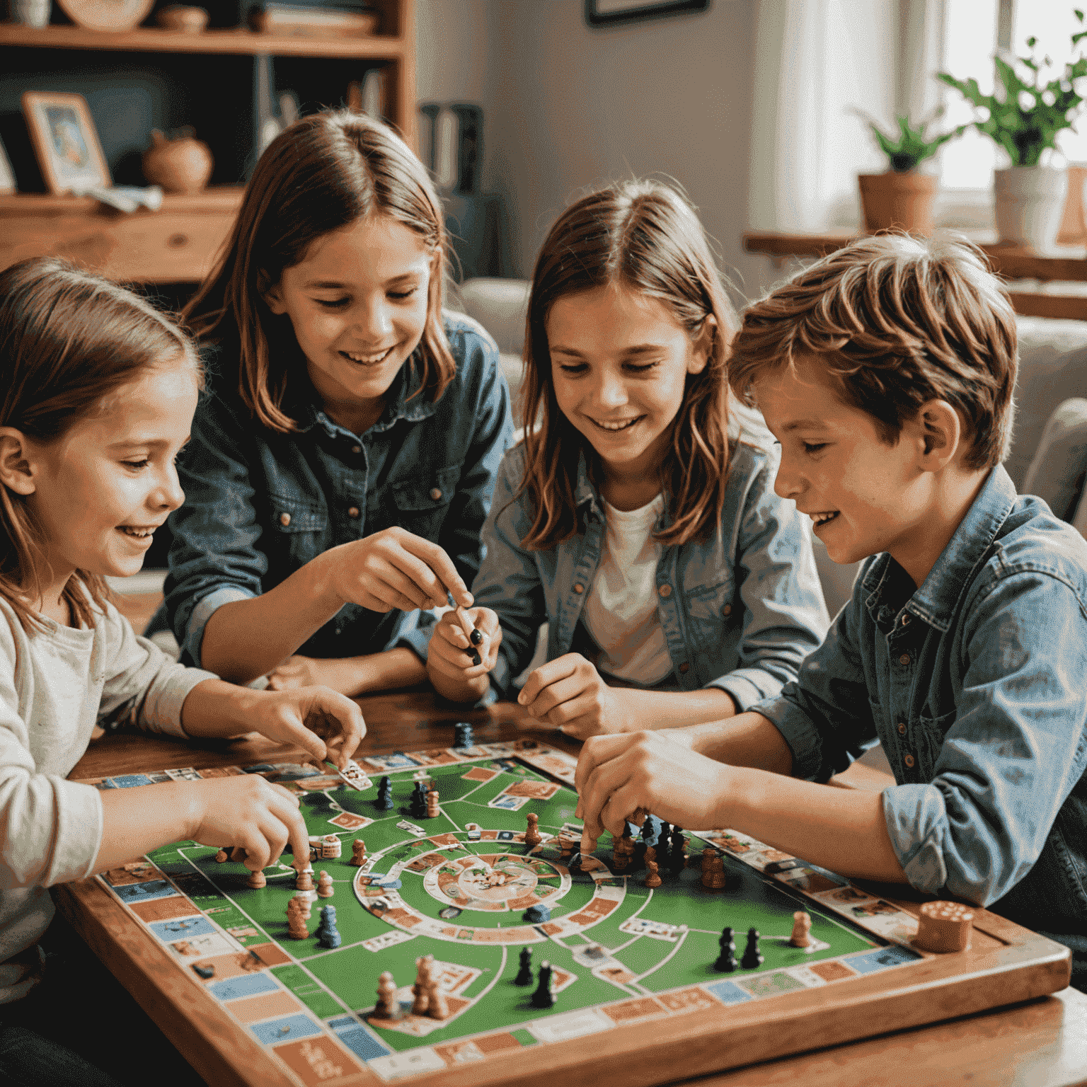 Niños de diferentes edades jugando diversos juegos de mesa, mostrando alegría y concentración