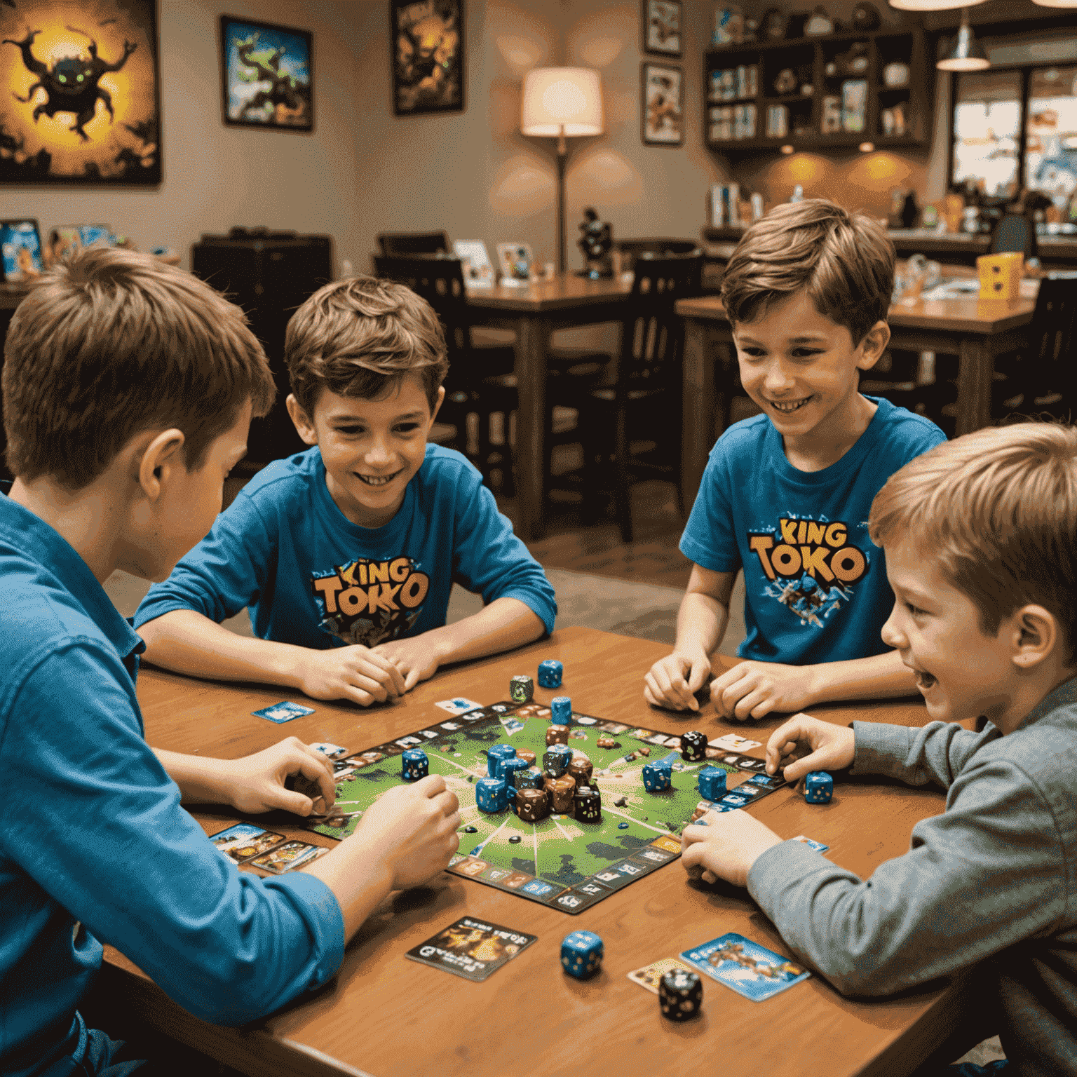 Niños emocionados jugando King of Tokyo con dados y cartas de poder