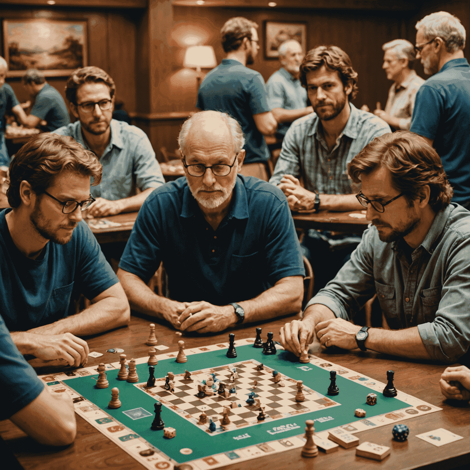 Un grupo de personas participando en un torneo de juegos de mesa con tableros, fichas y un trofeo visible
