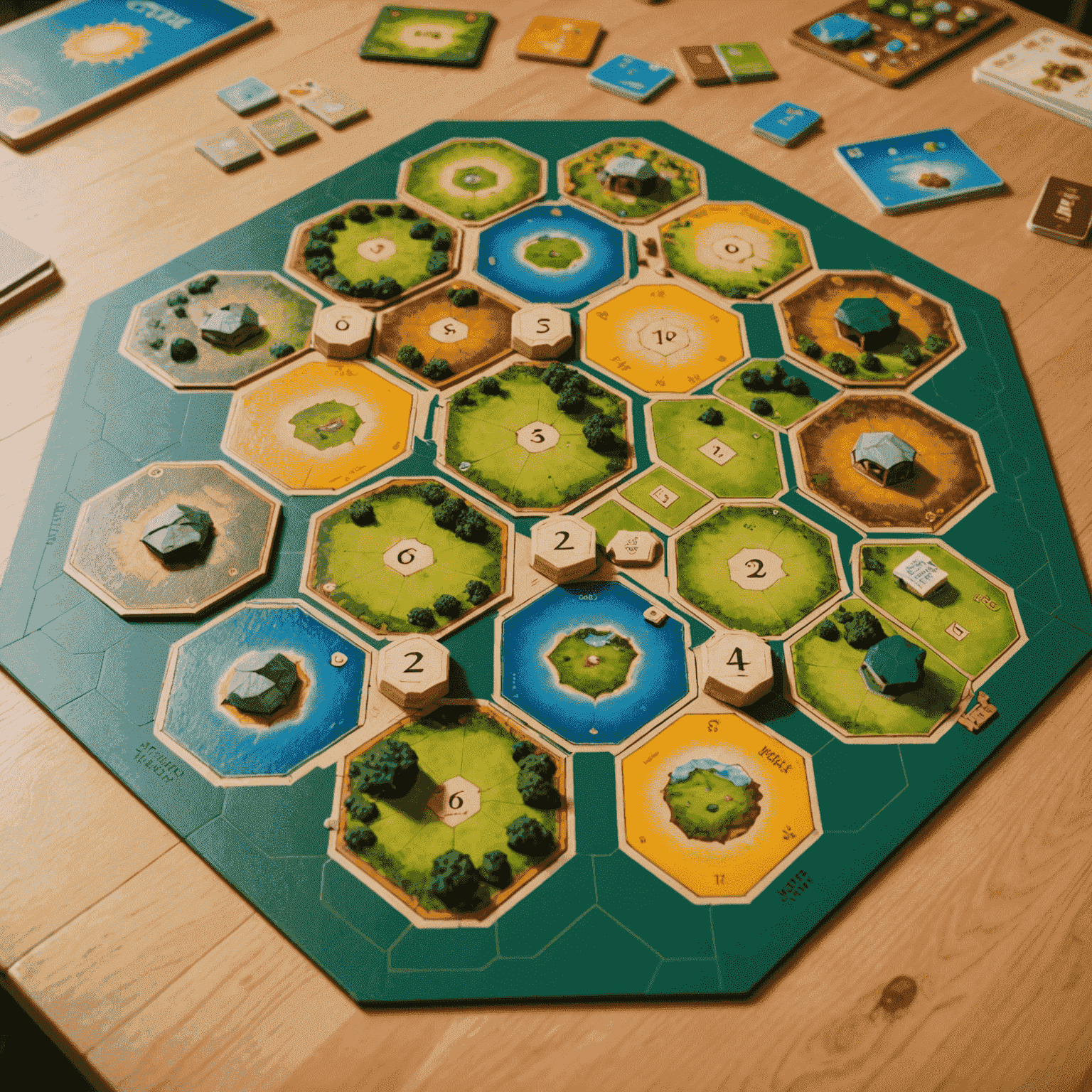 Tablero de Catan con fichas y cartas dispuestas para jugar