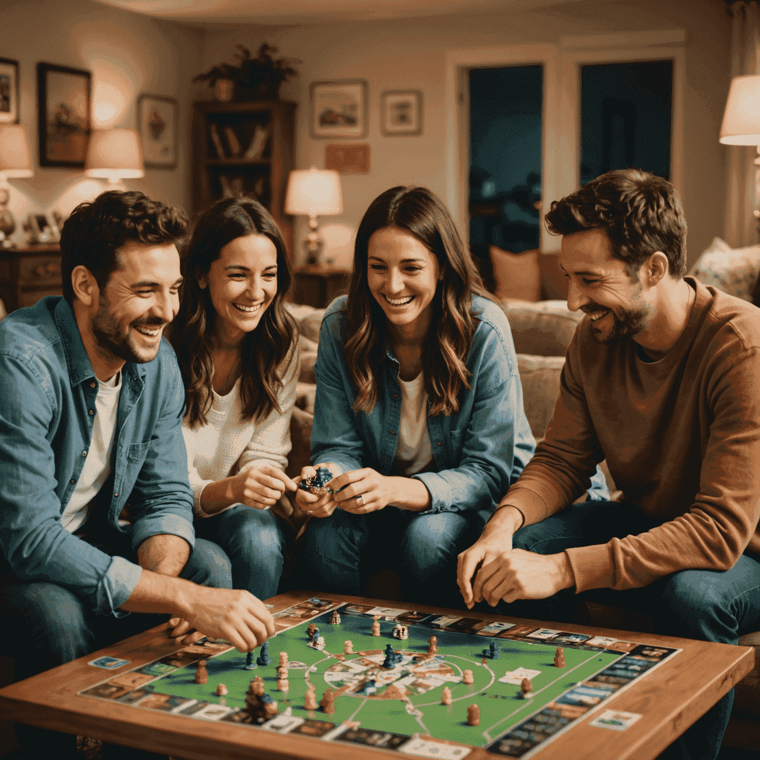 Amigos riendo y discutiendo estrategias alrededor de un juego de mesa en una acogedora sala de estar