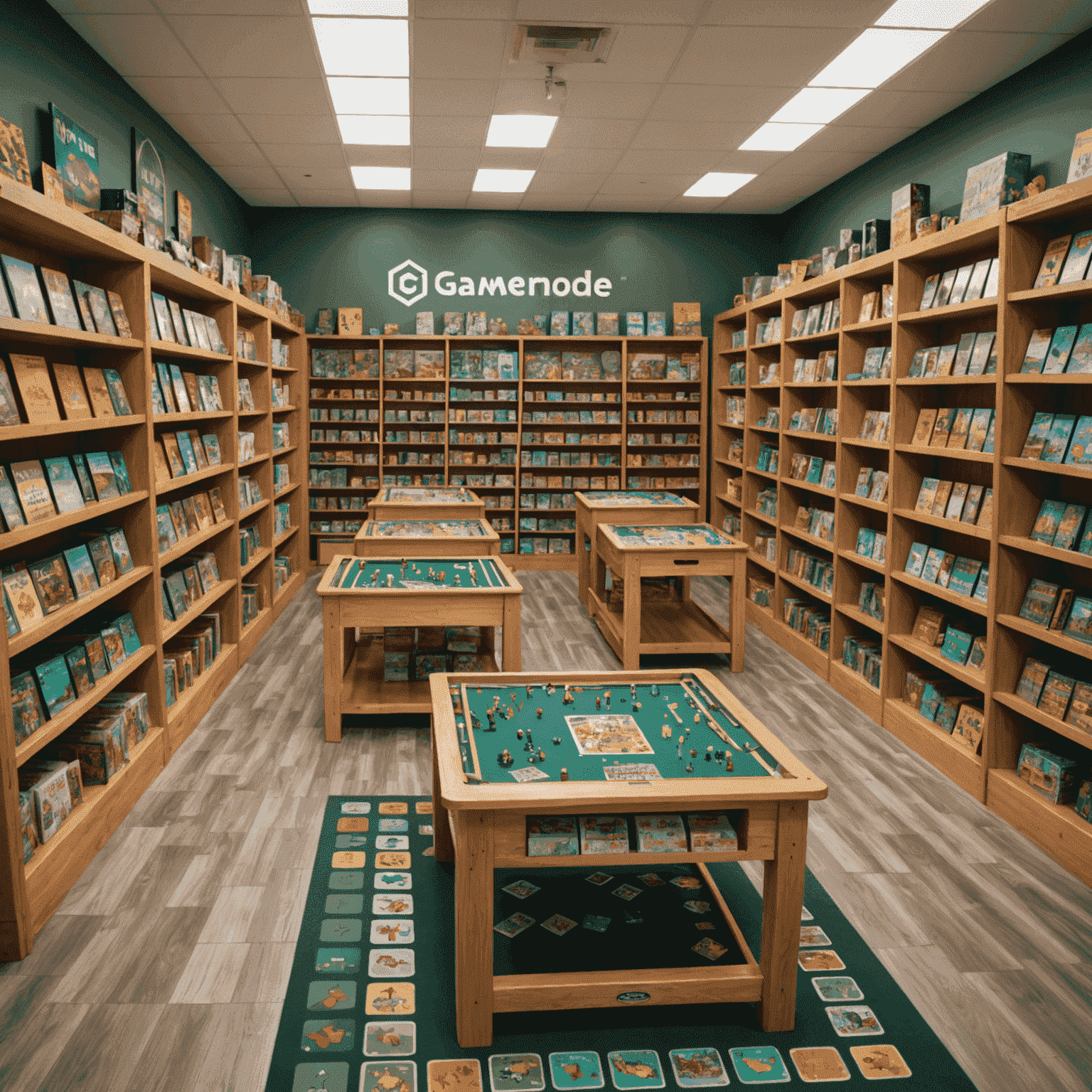 Interior de la tienda Gamenode mostrando estanterías llenas de juegos de mesa coloridos y mesas de demostración donde familias juegan juntas