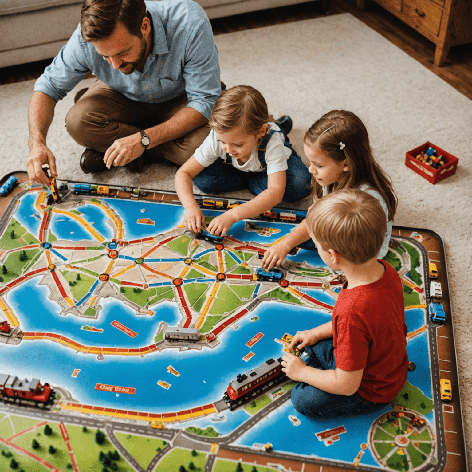 Familia jugando Ticket to Ride, con el mapa colorido y trenes en miniatura