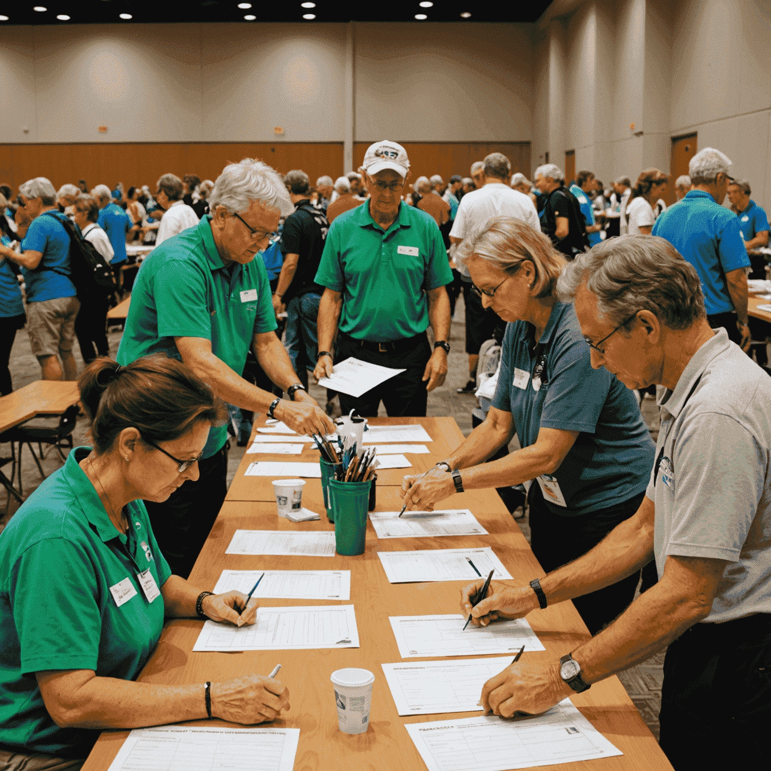 Imagen de un área de registro de torneo bien organizada con voluntarios ayudando a los participantes