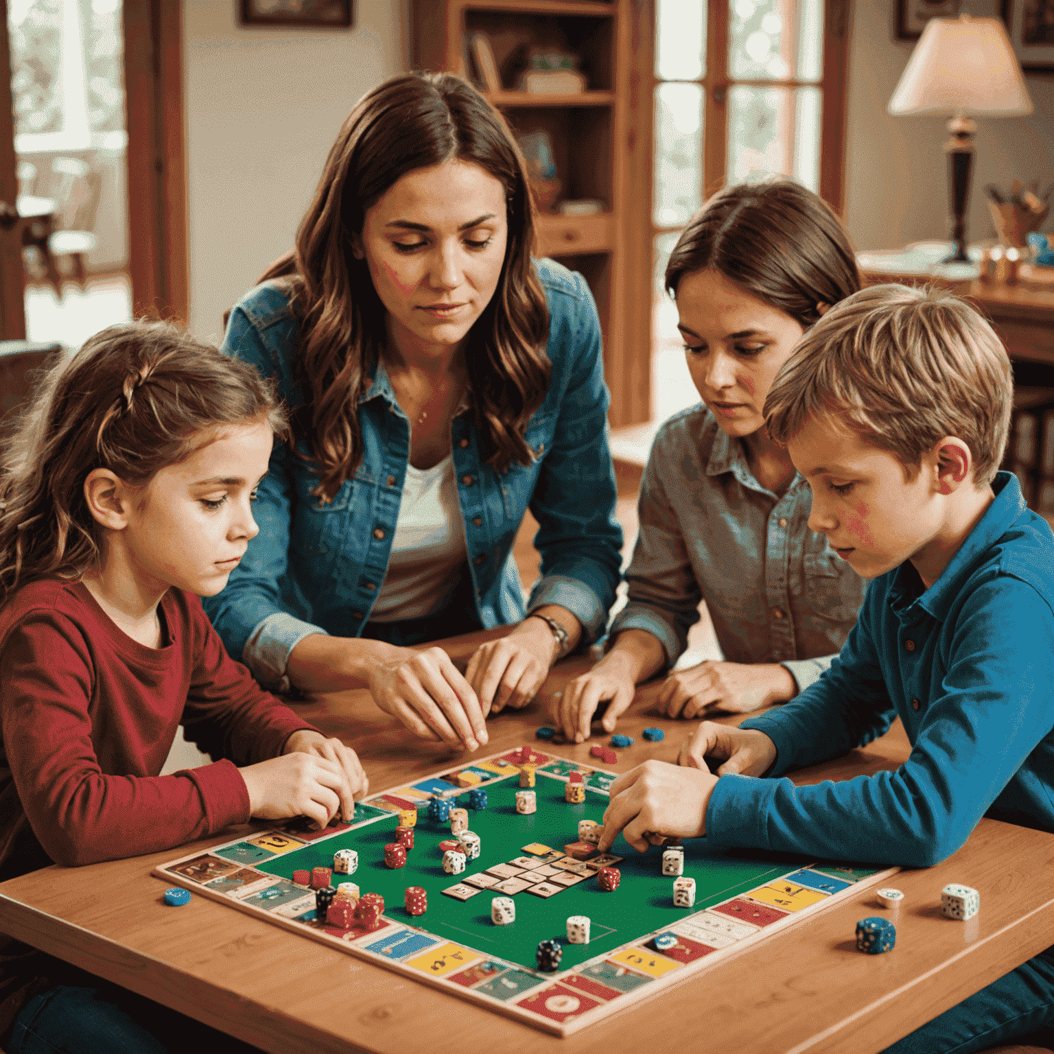 Niños y adultos jugando juntos un juego de mesa educativo, con expresiones de concentración y diversión