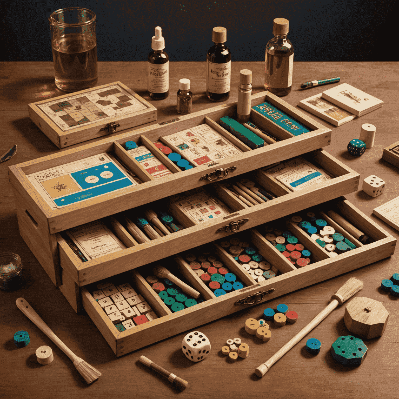 Herramientas y productos para el cuidado y mantenimiento de juegos de mesa, incluyendo cepillos suaves, soluciones de limpieza y cajas de almacenamiento