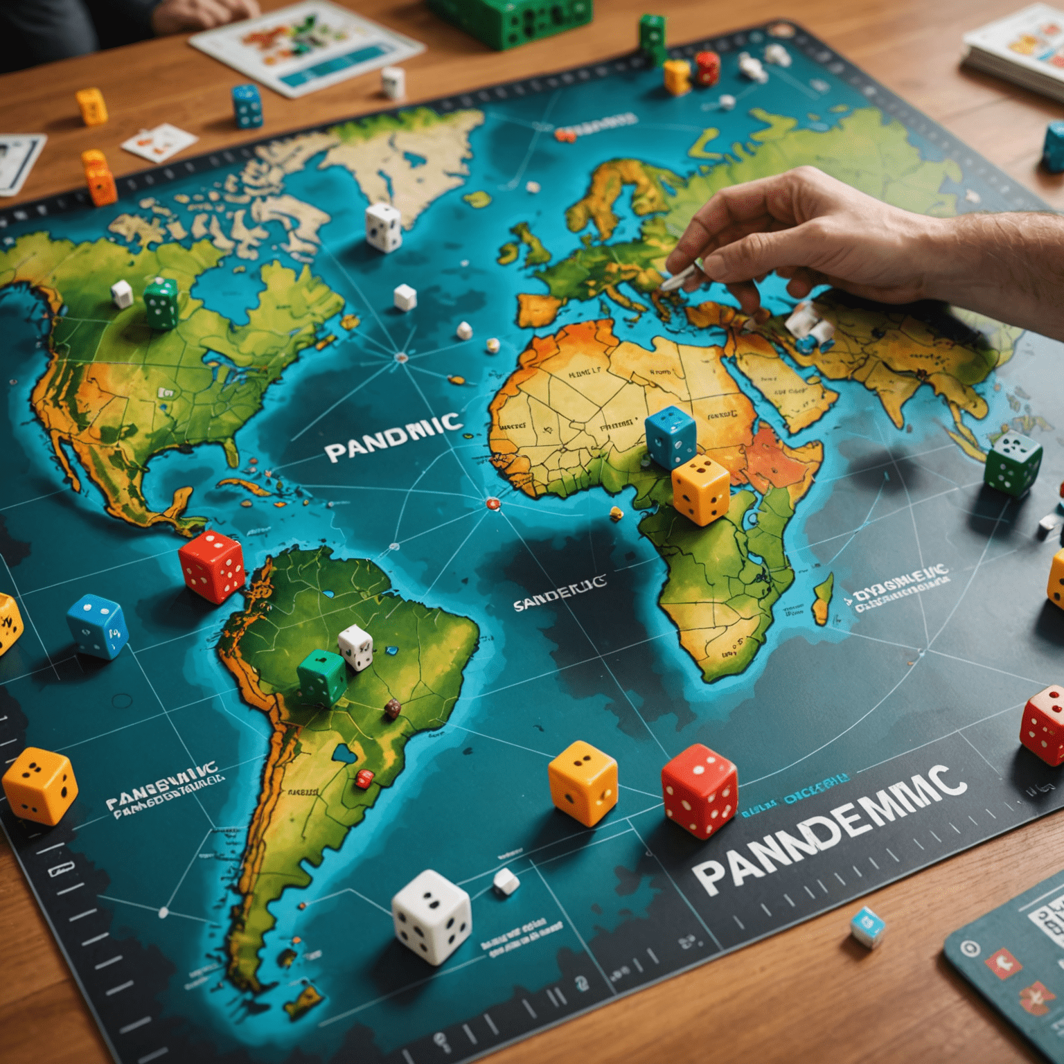 Tablero de Pandemic con fichas de enfermedades y jugadores discutiendo estrategias