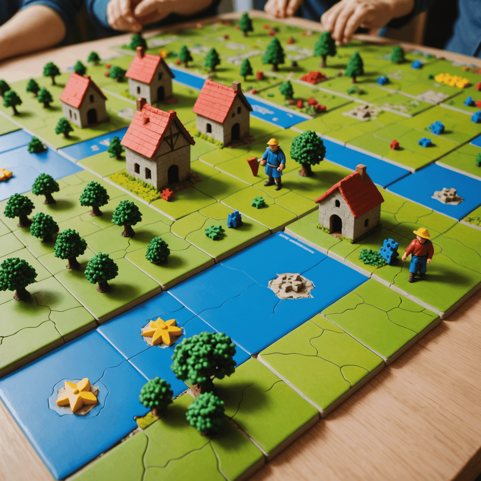 Familia construyendo el paisaje de Carcassonne con losetas y meeples