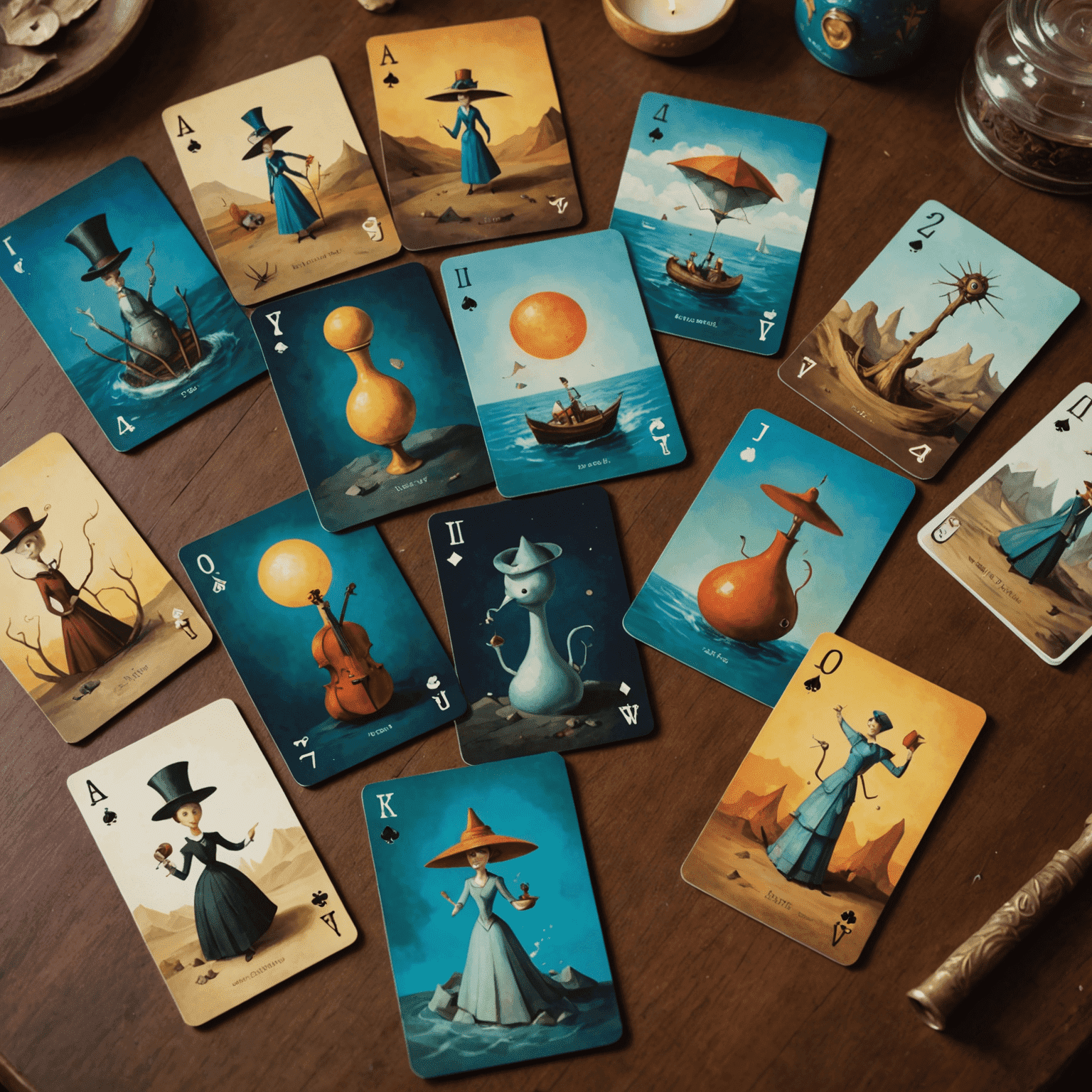 Cartas de Dixit desplegadas mostrando arte surrealista y jugadores contando historias