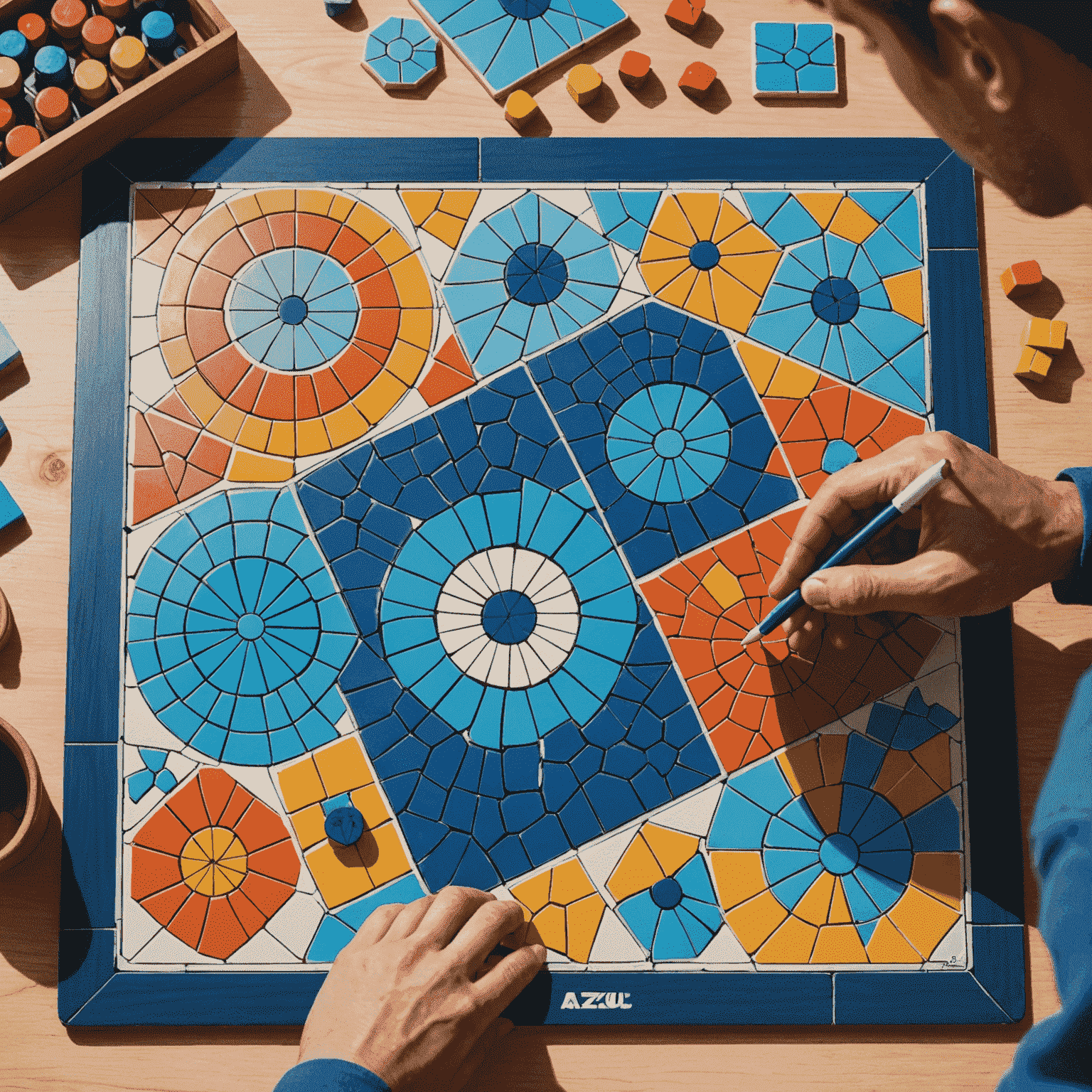 Tableros de Azul con patrones coloridos de azulejos y jugadores seleccionando piezas