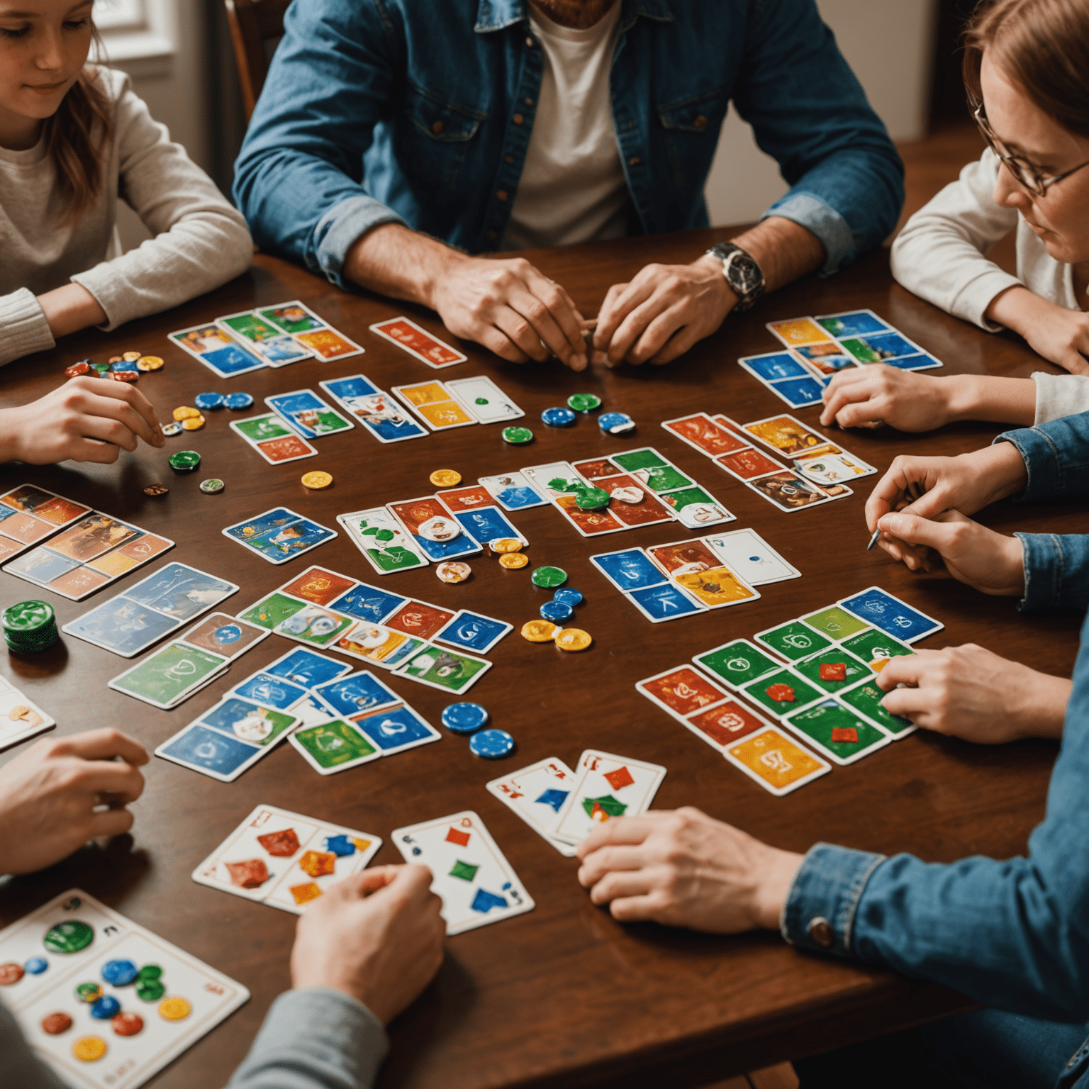 Familia jugando Splendor con fichas de gemas y cartas de nobles en la mesa